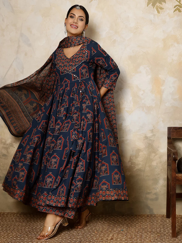 Cotton Calf Length Printed V-Neck Anarkali Kurta Suit Set