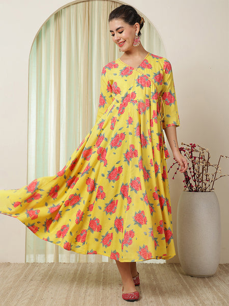 Yellow Rayon Calf Length Printed Flared V-Neck Kurta