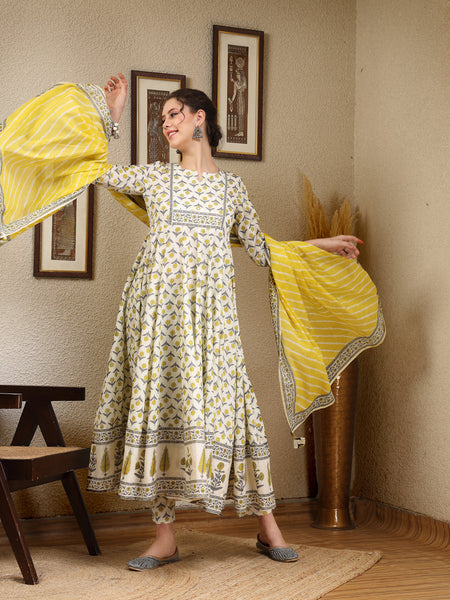 Lemon Cotton Calf Length Printed Round Neck Anarkali Kurta Suit Set