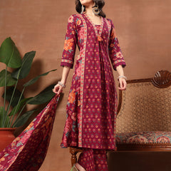 Cotton Calf Length Printed 3/4 Sleeves V-Neck Flared Kurta Suit Set