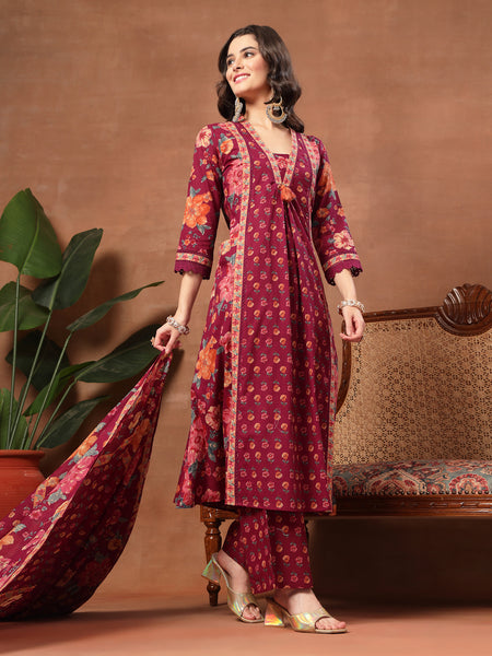 Cotton Calf Length Printed 3/4 Sleeves V-Neck Flared Kurta Suit Set
