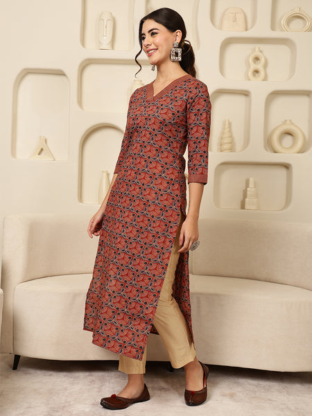 Maroon Rayon Calf Length Printed V-Neck Straight Kurta