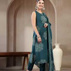 Gulmohar Jaipur Cotton Calf Length Printed Sleeveless Round Neck Straight Kurta Suit Set