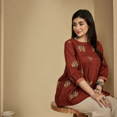 Gulmohar Jaipur Rayon Hip Length Printed 3/4 Sleeves Round Neck Flared Top