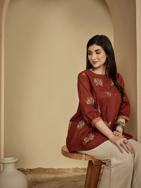 Gulmohar Jaipur Rayon Hip Length Printed 3/4 Sleeves Round Neck Flared Top