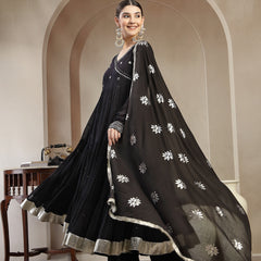 Gulmohar Jaipur Malmal Calf Length Solid Full Sleeves Anrakha Neck Anarkali Kurta Suit Set