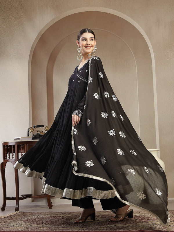 Gulmohar Jaipur Malmal Calf Length Solid Full Sleeves Anrakha Neck Anarkali Kurta Suit Set