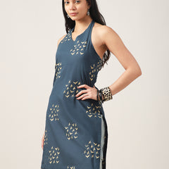 Rayon Mid Length Printed Sleeveless V-Neck Straight Kurta