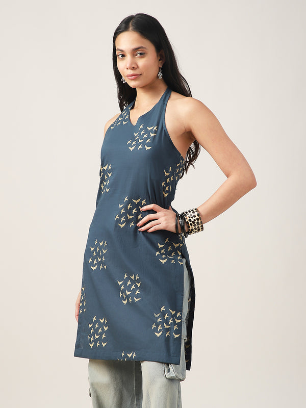 Rayon Mid Length Printed Sleeveless V-Neck Straight Kurta