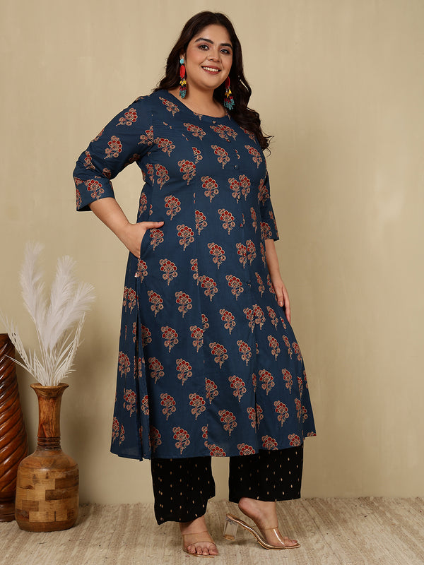 Cotton Calf Length Printed Straight 3/4 Sleeves Round Kurta Suit Set (Plus+)