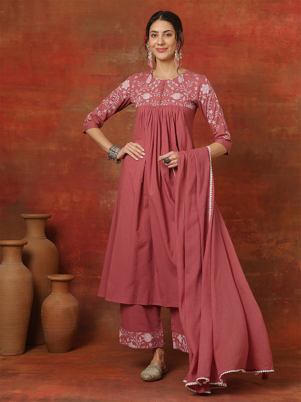 Lime Rayon Solid Hand-Work Round Neck Semi-Flared Kurta Suit Set