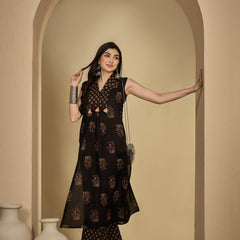 Gulmohar Jaipur Cotton Calf Length Printed Sleeveless Collard Straight Kurta Suit Set