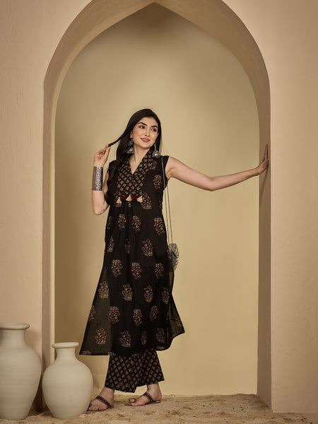 Gulmohar Jaipur Cotton Calf Length Printed Sleeveless Collard Straight Kurta Suit Set
