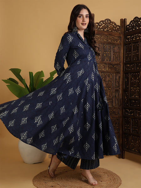 Navy Blue Cotton Calf Length Printed Flared V-Neck Kurta Suit Set
