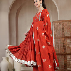 Gulmohar Jaipur Malmal Calf Length Solid Full Sleeves Anrakha Neck Anarkali Kurta Suit Set