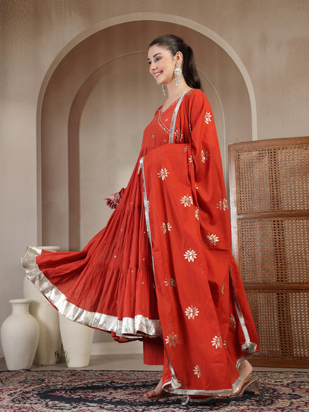 Gulmohar Jaipur Malmal Calf Length Solid Full Sleeves Anrakha Neck Anarkali Kurta Suit Set