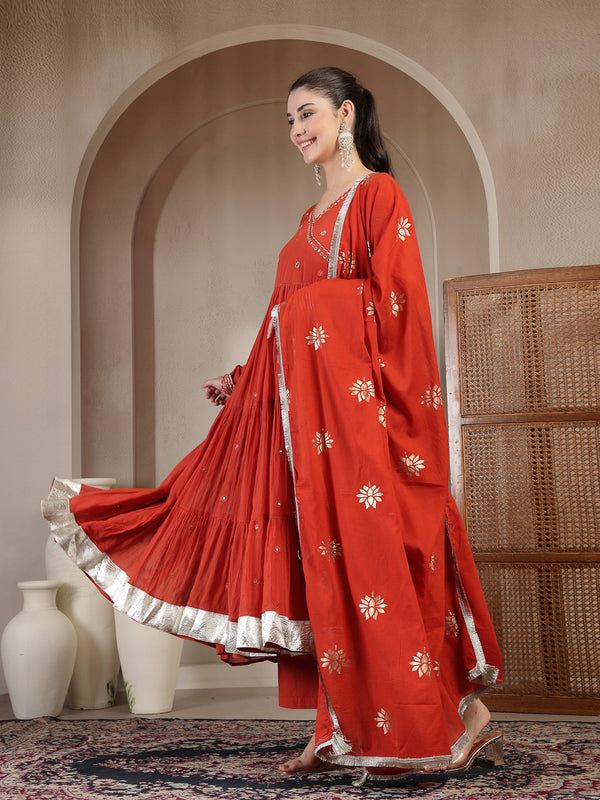 Gulmohar Jaipur Malmal Calf Length Solid Full Sleeves Anrakha Neck Anarkali Kurta Suit Set