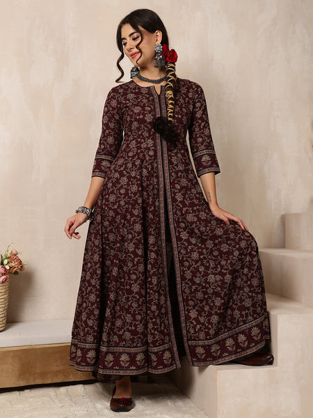Wine Cotton Calf Length Printed Round Anarkali Neck Kurta Suit Set