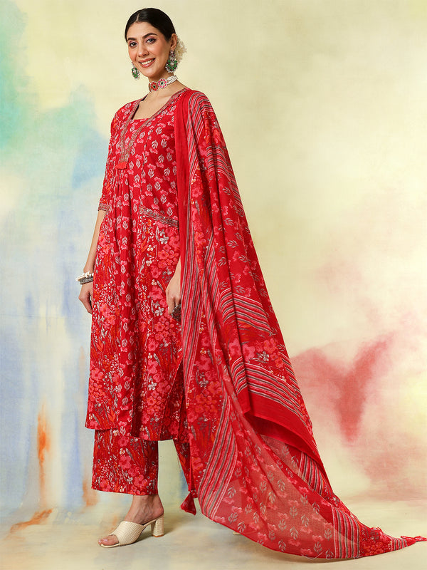 Black Pure Cotton Printed Embroidered Semi-Flared Kurta Suit Set