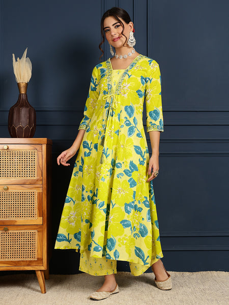 Lime Cotton Calf Length Printed V-Neck Flared Kurta Suit Set