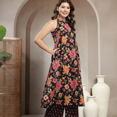 Cotton Calf Length Printed Sleeveless Round Neck Flared Kurta Suit Set