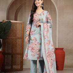 Gulmohar Jaipur Cotton Calf Length Printed 3/4 Sleeves V-Neck Straight Kurta Suit Set