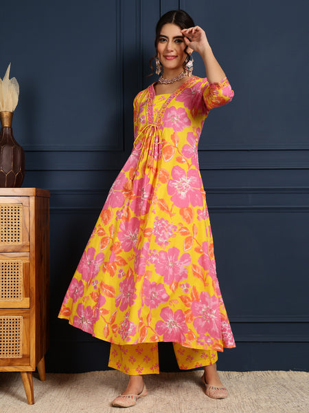 Yellow Cotton Calf Length Printed V-Neck Flared Kurta Suit Set
