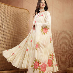 Gulmohar Jaipur Malmal Calf Length Printed 3/4 Sleeves Round Neck Anarkali Kurta Suit Set