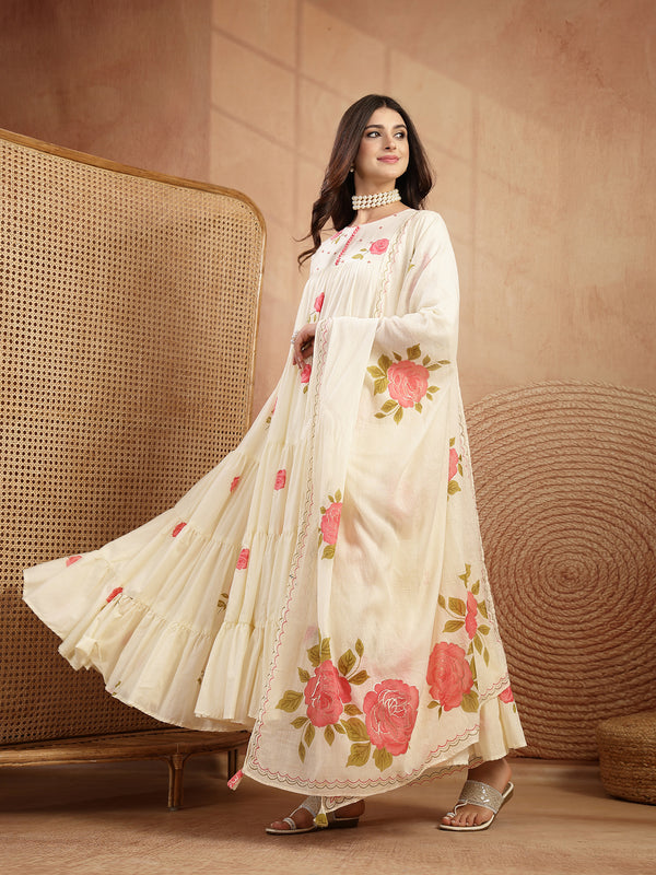 Gulmohar Jaipur Malmal Calf Length Printed 3/4 Sleeves Round Neck Anarkali Kurta Suit Set