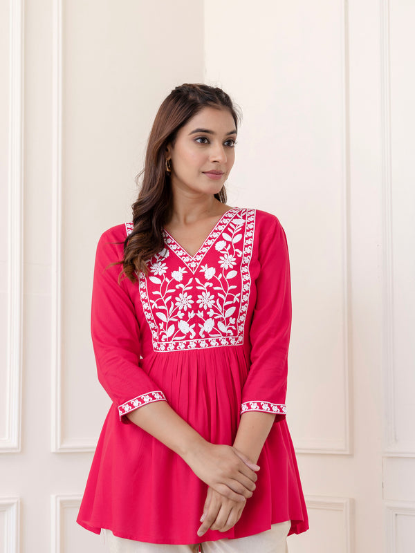 Pink Rayon Hip Length Solid V-Neck Solid Embroidered Semi-Flared Top