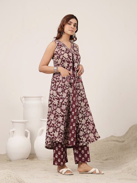 Rayon Calf Length Printed Sleeveless V-Neck Flared Kurta
