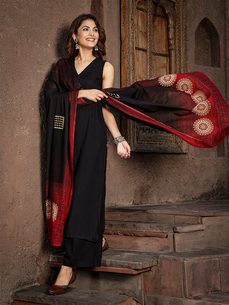 Gulmohar Jaipur Rayon Calf Length Solid Sleeveless V-Neck Straight Kurta Suit Set