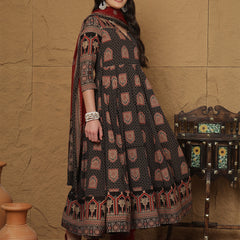 Black Cotton Printed Collared Neck Anarkali Kurta Suit Set
