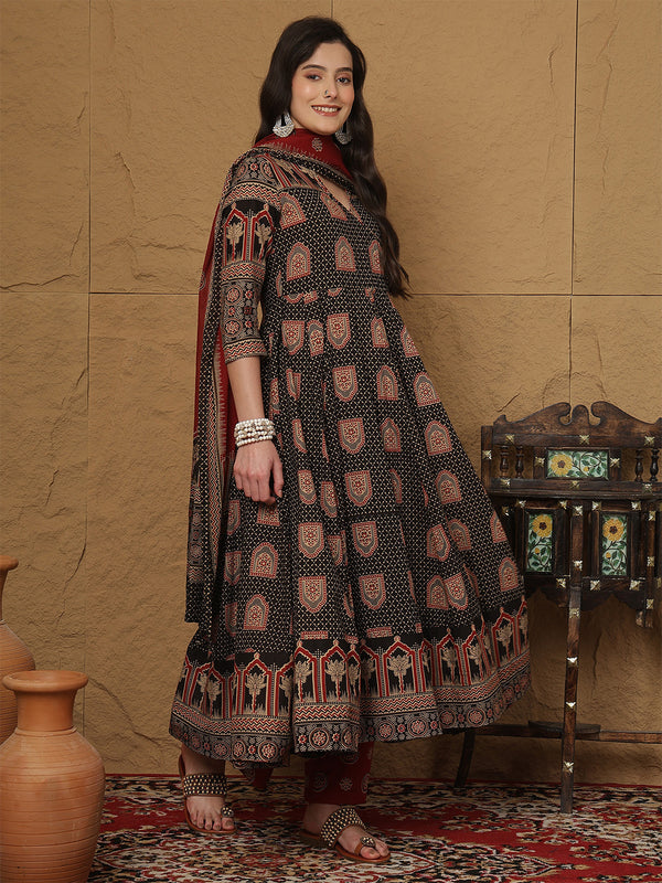 Black Cotton Printed Collared Neck Anarkali Kurta Suit Set