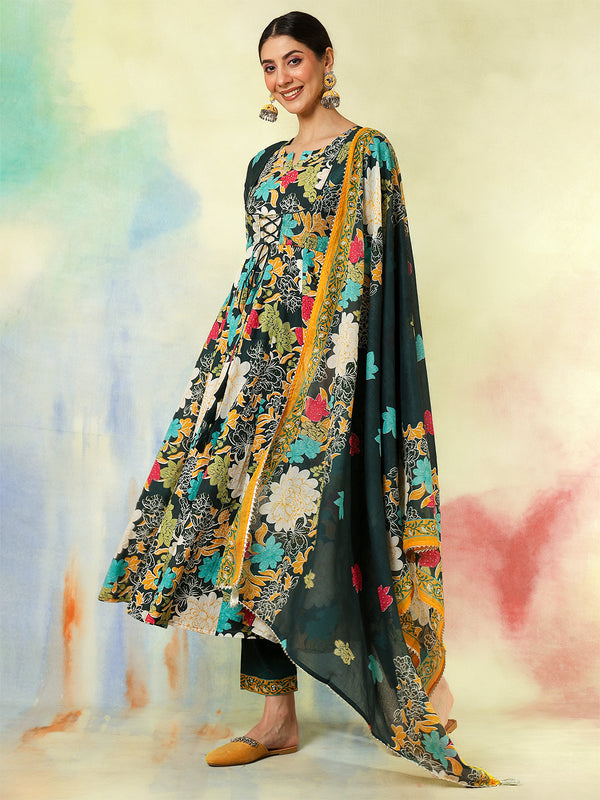 Blue Pure Cotton Printed Hand-Work Anarkali Kurta Suit Set