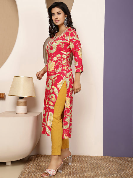 Coral Rayon Calf Length Printed V-Neck Straight Kurta