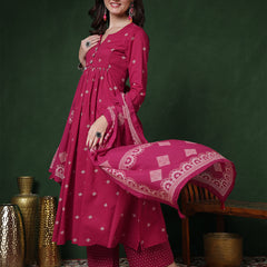 Rayon Calf Length Printed 3/4 Sleeves Round Neck Semi-Flared Kurta Suit Set