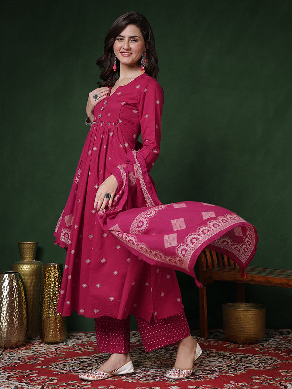Rayon Calf Length Printed 3/4 Sleeves Round Neck Semi-Flared Kurta Suit Set