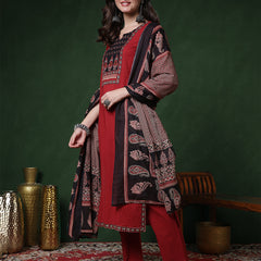 Maroon Rayon Calf Length Solid 3/4 Sleeves Round Neck Straight Kurta Suit Set