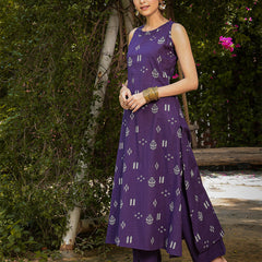 Gulmohar Jaipur Rayon Calf Length Printed Sleeveless Round Neck A-Line Kurta Suit Set