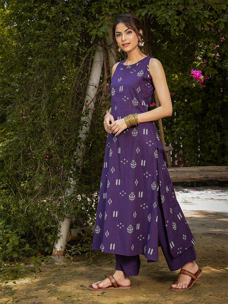Gulmohar Jaipur Rayon Calf Length Printed Sleeveless Round Neck A-Line Kurta Suit Set
