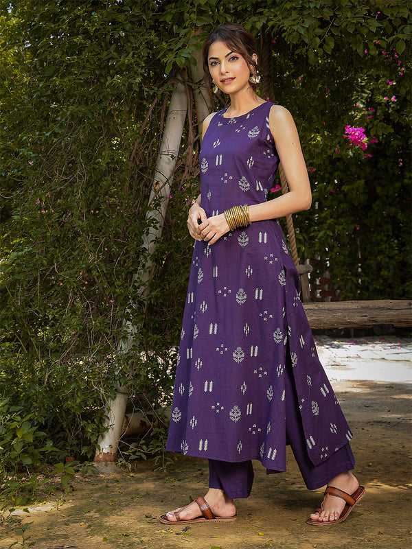 Gulmohar Jaipur Rayon Calf Length Printed Sleeveless Round Neck A-Line Kurta Suit Set