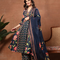 Cotton Calf Length Printed 3/4 Sleeves V-Neck Flared Kurta Suit Set