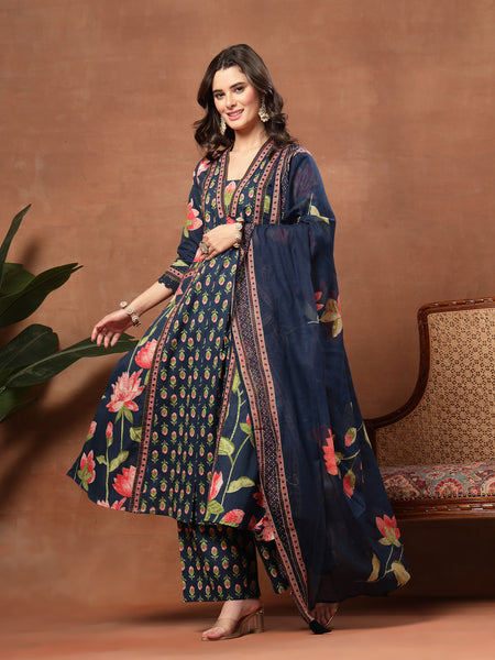 Cotton Calf Length Printed 3/4 Sleeves V-Neck Flared Kurta Suit Set