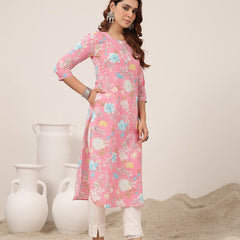 Cotton Calf Length Printed 3/4 Sleeve Round Neck Straight Kurta