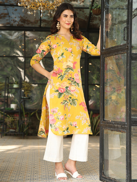 Yellow Cotton Calf Length Printed Straight Round Neck Kurta