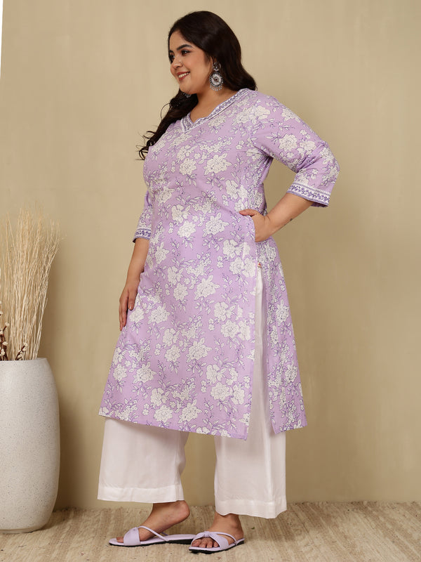 Cotton  Calf Length Printed Straight 3/4 Sleeves V-Neck Kurta