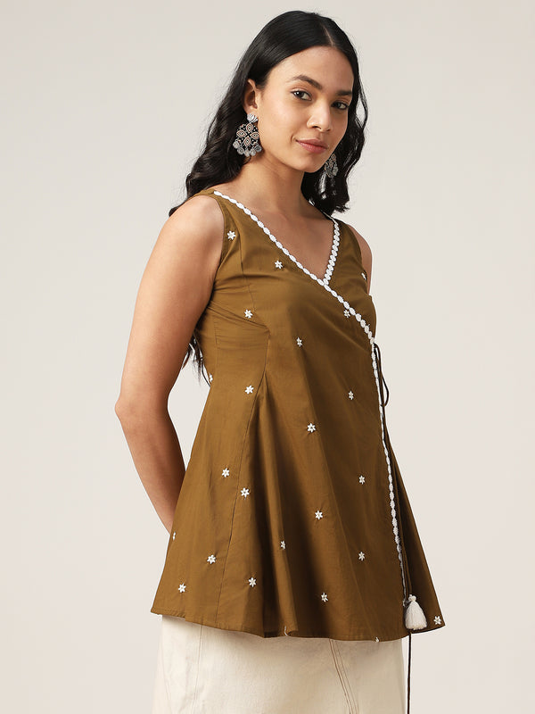 Cotton Hip Length Solid Sleeveless V-Neck Flared Top