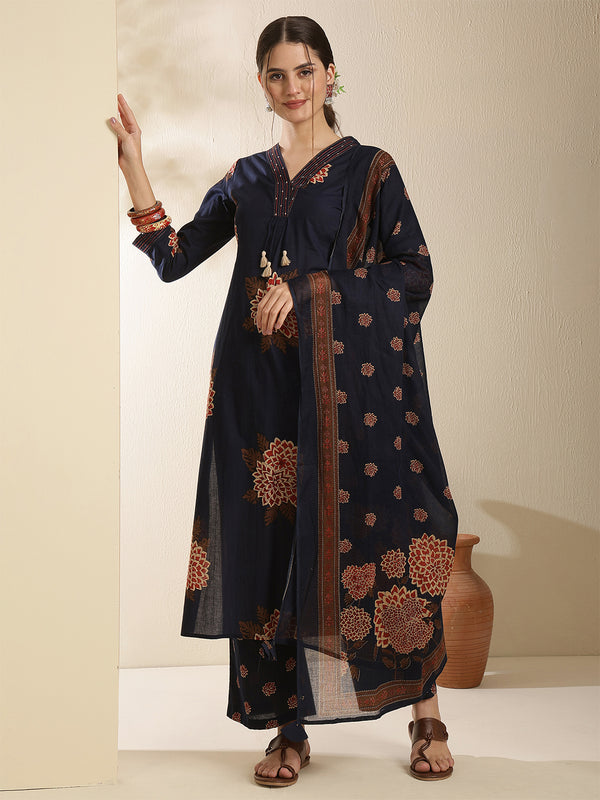 Maroon Pure Cotton Printed 3/4 Sleeves V-Neck Straight Kurta Suit Set