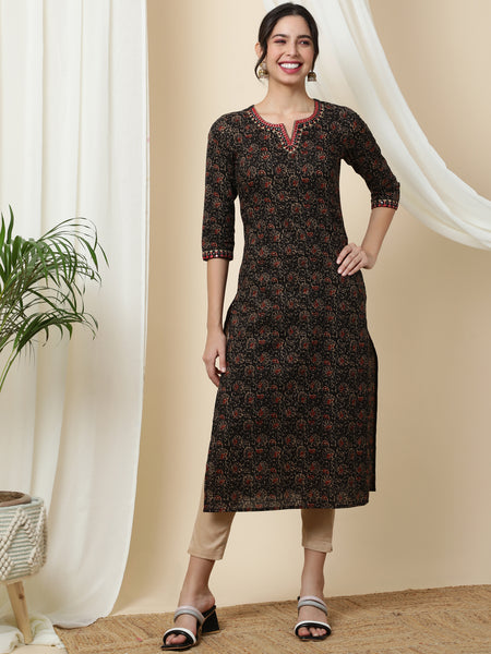Cotton Calf Length Printed Straight 3/4 Sleeves Round Kurta